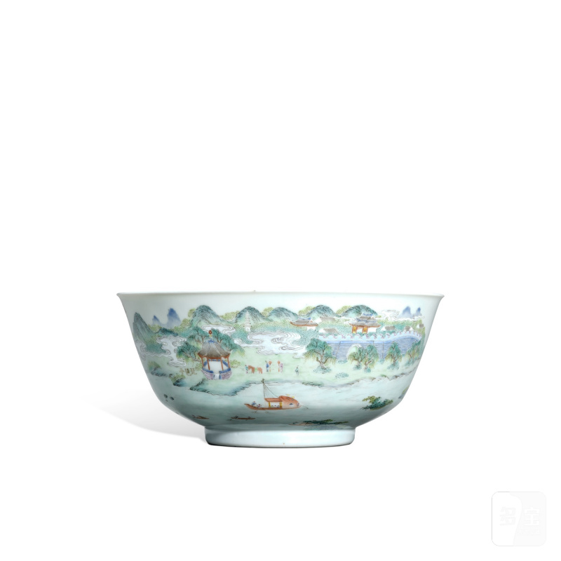 An inscribed famille-rose 'landscape' bowl, Seal mark and period of Jiaqing | 清嘉慶 粉彩「潯陽秋泊」圖詩文盌 《嘉慶年製》款 - 图1